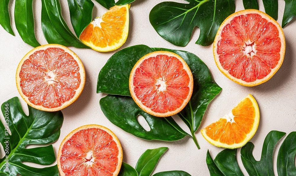 Tropical fruit pattern with grapefruit, orange slices, and monstera leaves on a beige background Tropical fruit pattern with grapefruit, orange slices, and monstera leaves on a beige background