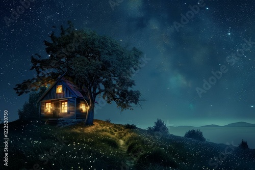 Wallpaper Mural Small wooden house glowing under starry night with fireflies illuminating the field Torontodigital.ca