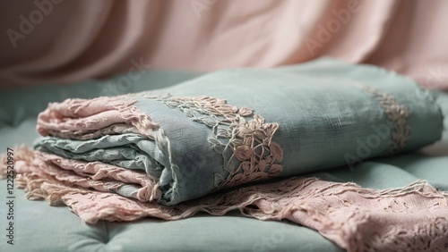 Elegant Rolled Fabric With Lace Detailing Displayed on a Soft Cushion in a Cozy Interior Setting
