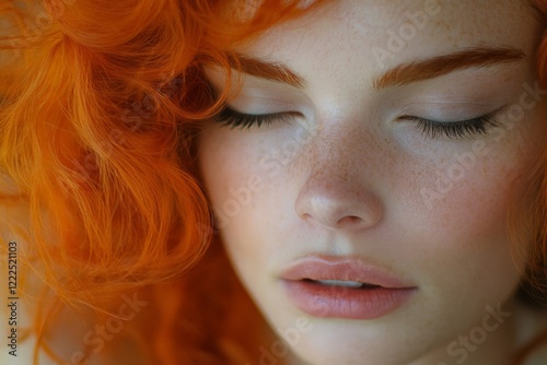 Portrait of a young woman with vibrant orange hair and natural makeup in a serene setting