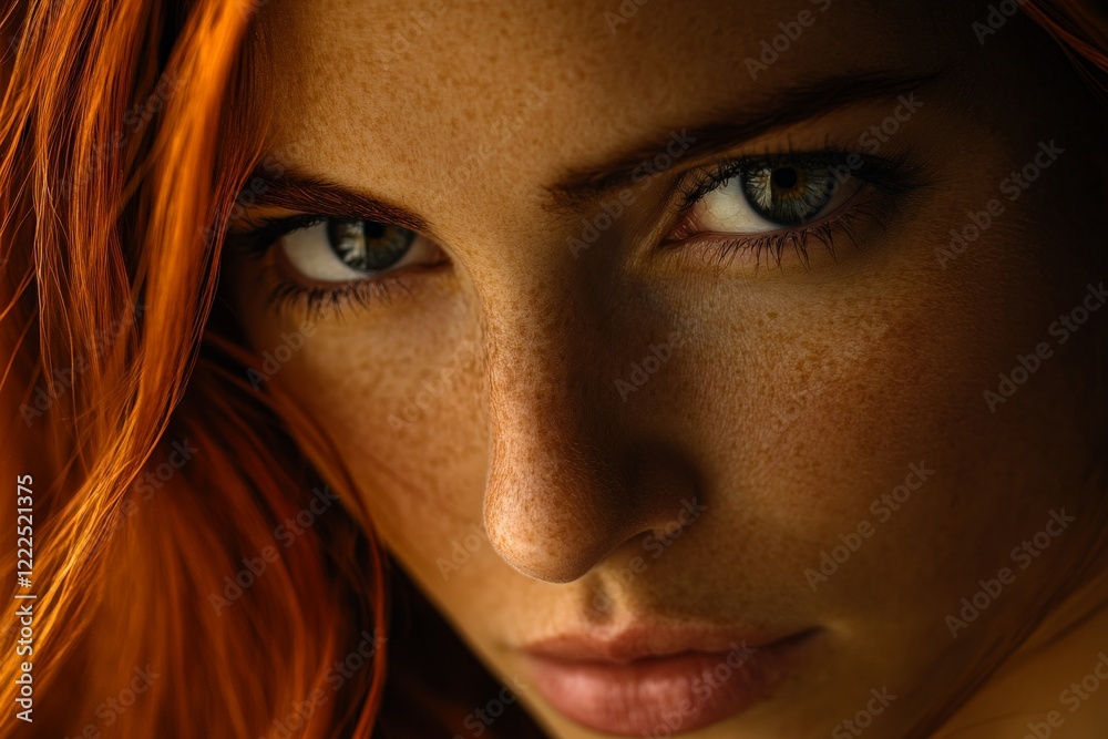Fototapeta premium Close-up portrait of a person with vibrant red hair and striking blue-green eyes under soft natural light showcasing facial features and freckles