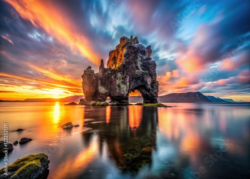 Iceland's Hvitserkur: a mystical sunrise bathes this monolithic sea stack in long-exposure magic. photo