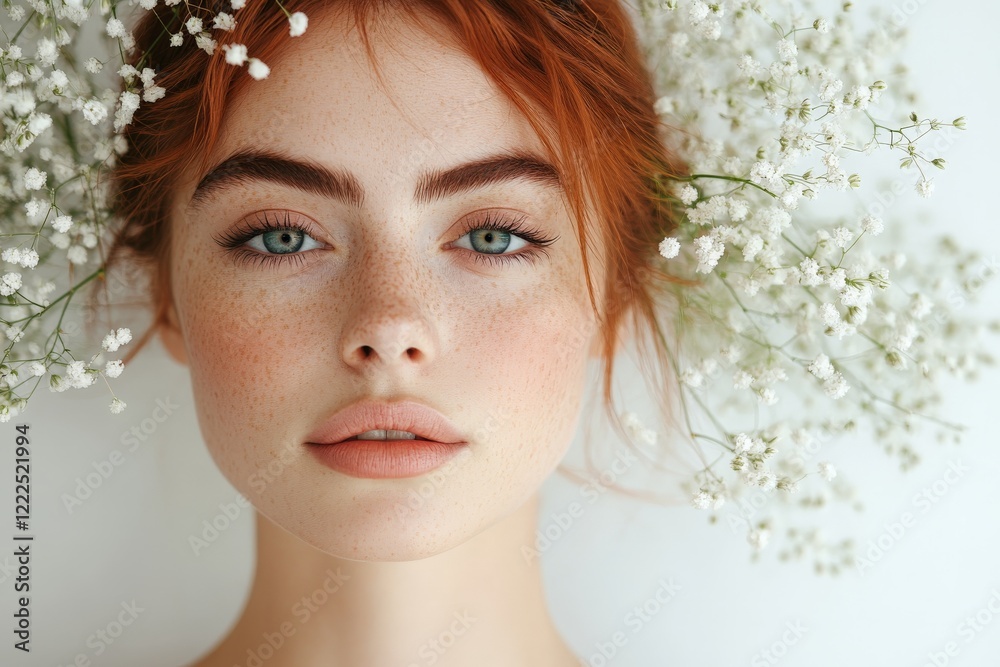 Young woman with red hair and freckles surrounded by delicate white flowers presenting a serene expression Young woman with red hair and freckles surrounded by delicate white flowers presenting a serene expression