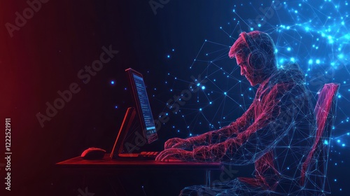 Gamer using computer with network connection visualization.