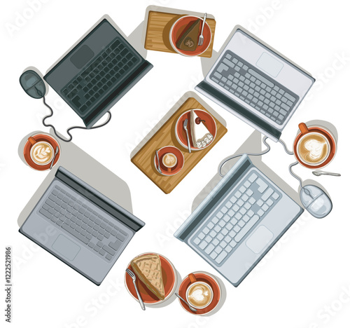 top view notebooks four in circle work together meeting in cafe  computer isolated working writing on it isolated on white background
