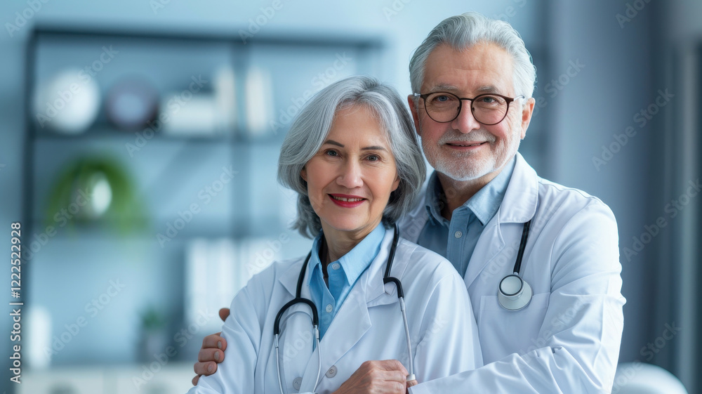 senior male and female doctor, both wearing white coats and stethoscopes, smile warmly in professional medical office setting, conveying trust and compassion senior male and female doctor, both wearing white coats and stethoscopes, smile warmly in professional medical office setting, conveying trust and compassion