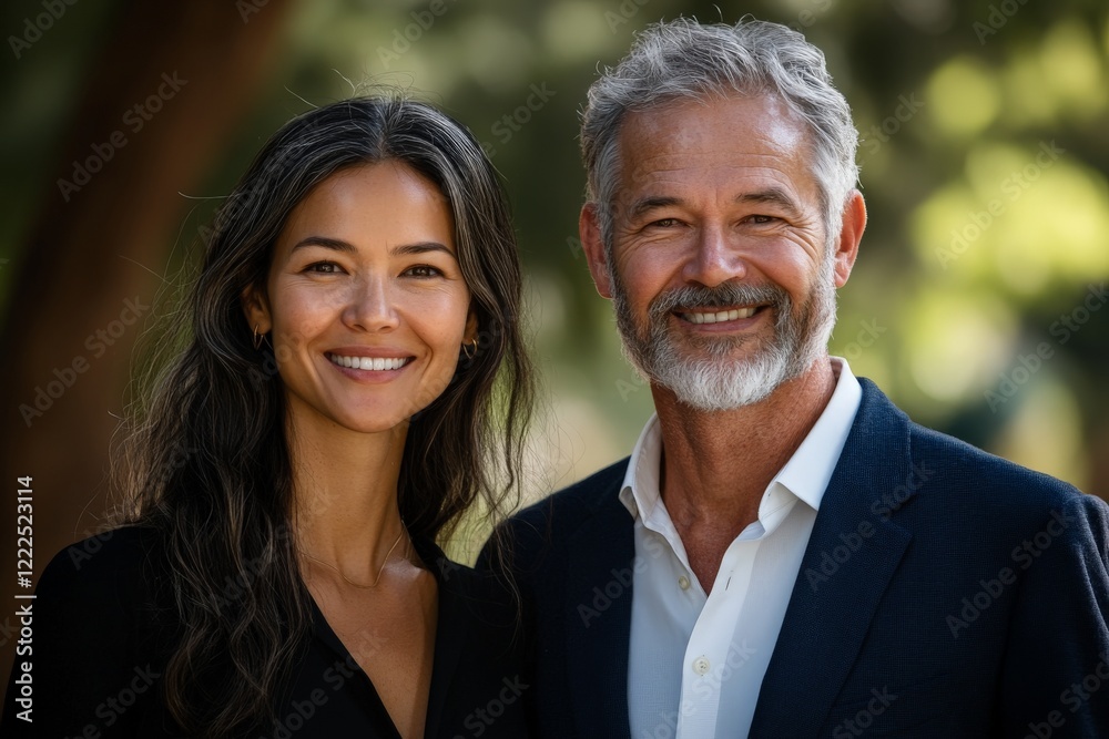 Couple smiling together in a natural setting during a sunny day in early autumn Couple smiling together in a natural setting during a sunny day in early autumn