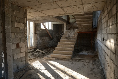 Sunlight illuminating unfinished concrete staircase in building under construction