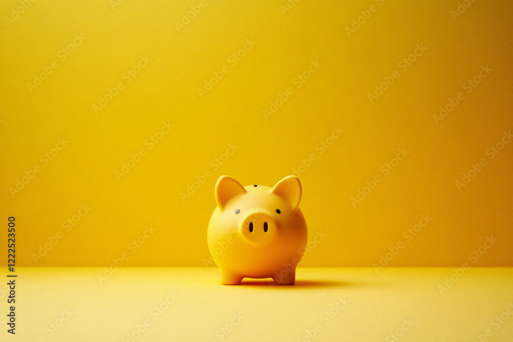 A minimalist yellow piggy bank standing on a yellow background symbolizing savings financial security and investment in a simple composition
A minimalist yellow piggy bank standing on a yellow background symbolizing savings financial security and investment in a simple composition