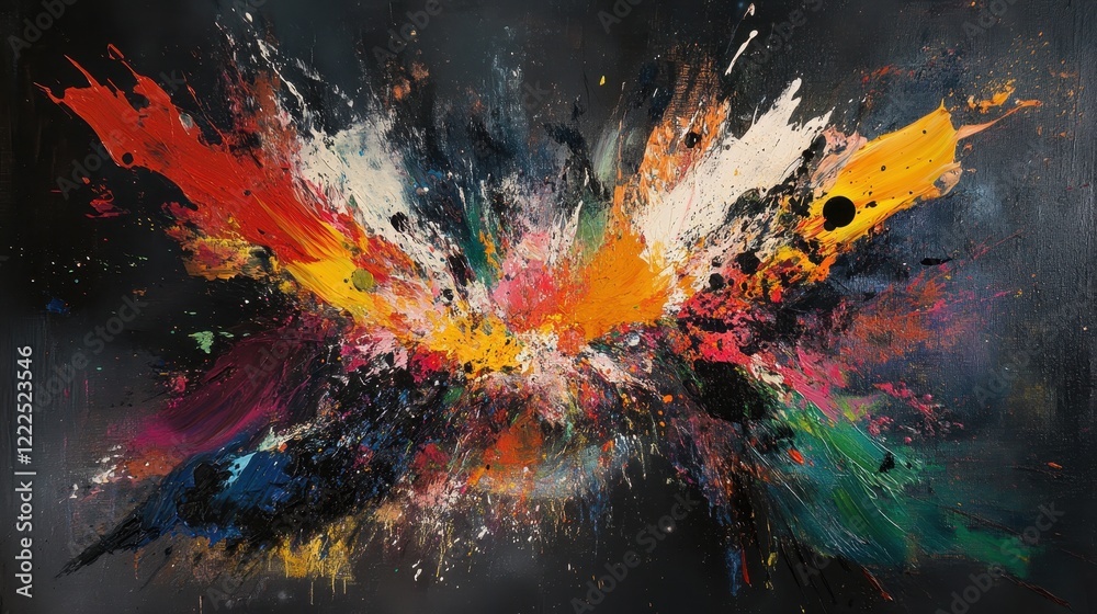 Abstract Expressionism Painting with Vibrant Color Splatters on Black Canvas, Dynamic Art. Abstract Expressionism Painting with Vibrant Color Splatters on Black Canvas, Dynamic Art.