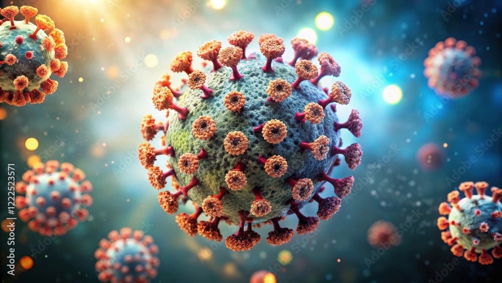 Microscopic Visualization of a Viral Particle with Surface Spikes, Depicting Complex Biological Structures at a Cellular Level Microscopic Visualization of a Viral Particle with Surface Spikes, Depicting Complex Biological Structures at a Cellular Level