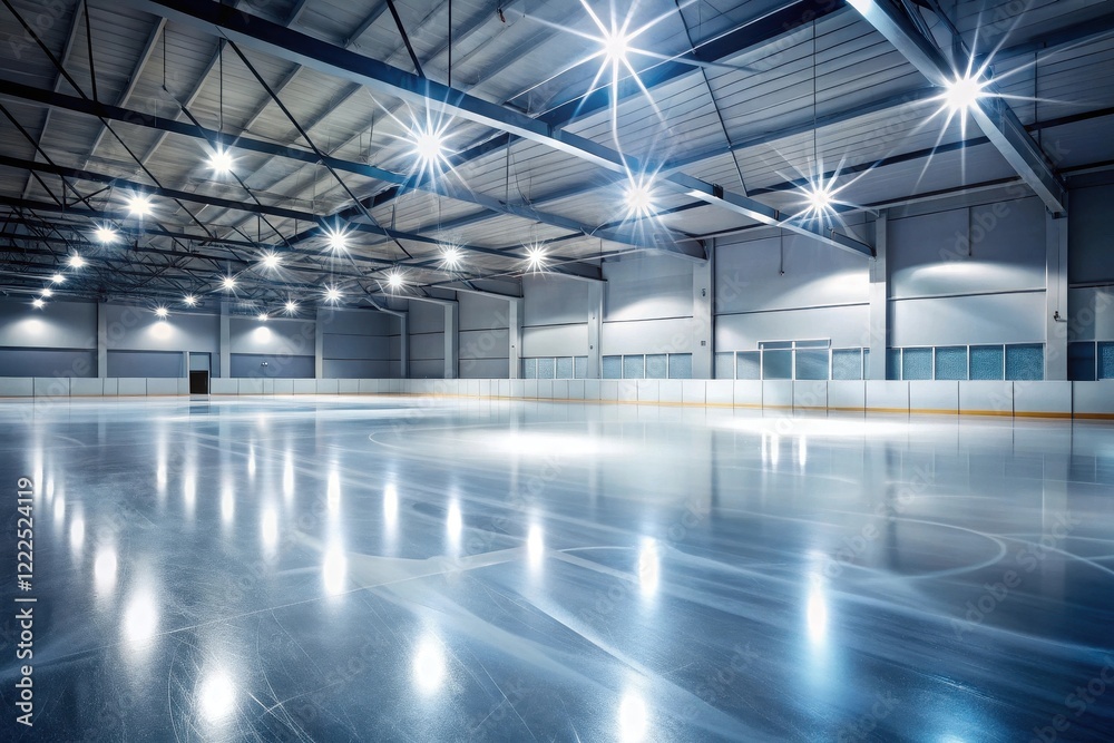 Fototapeta premium Gleaming Ice Surface in a Modern Indoor Skating Rink with Bright Overhead Lighting