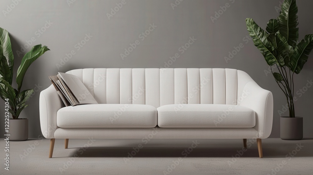 Furniture trendy and minimal innovative, A stylish, modern white sofa with vertical stitching, accompanied by potted plants against a minimalistic gray wall.