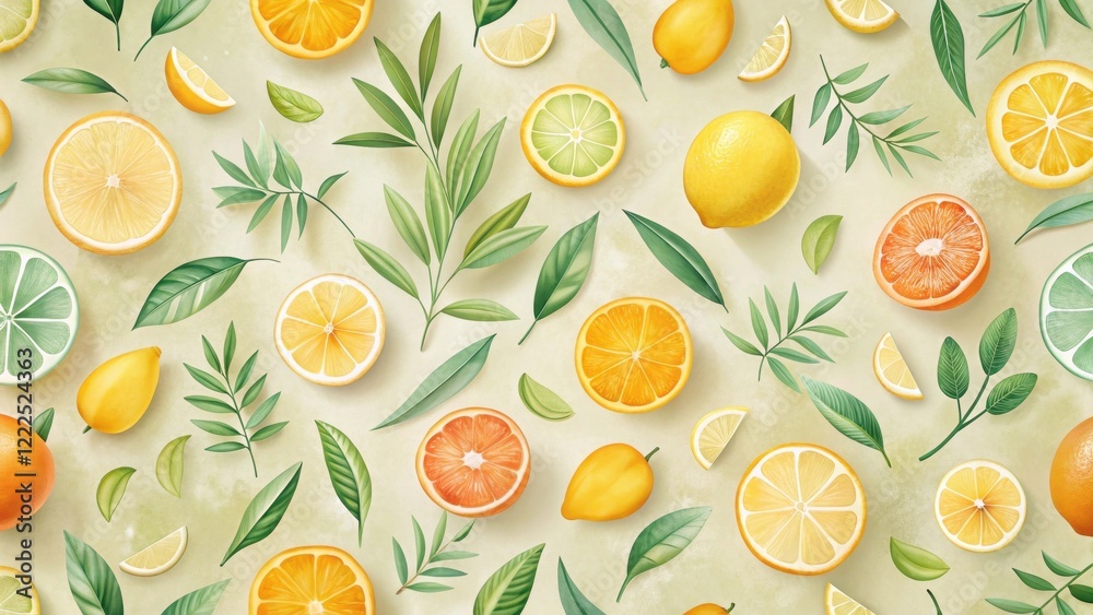 Fototapeta premium Vibrant Citrus Fruit and Lush Greenery Seamless Pattern Design Featuring Halved Lemons, Oranges, Limes, Grapefruit, and Leaves for a Refreshing Summer Theme