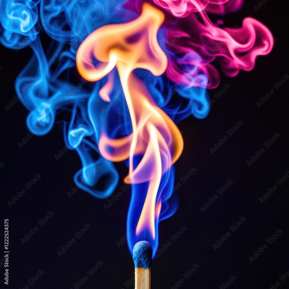 Match is lit and the flame is blue and red Match is lit and the flame is blue and red