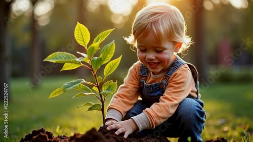 A child planting a tree alongside a smiling community group on Earth Day.