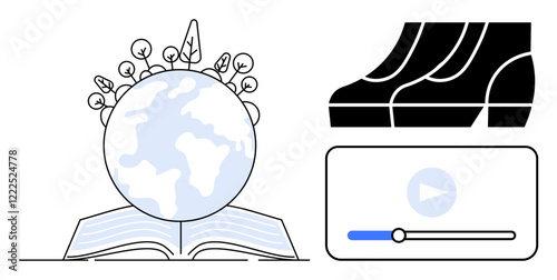 Earth emerging from an open book with sprouting plants, theater seats beside a video playback bar. Ideal for online learning, environmental content, education, cinema, streaming services, knowledge