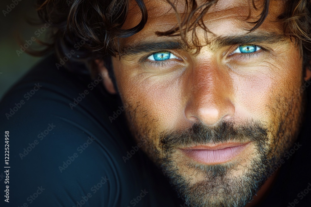 Fototapeta premium Bright blue eyes and sun-kissed skin highlight the rugged charm of a smiling man in a casual outdoor setting