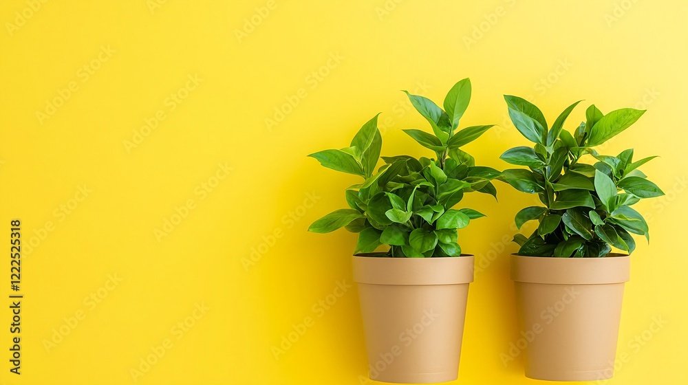 Fototapeta premium Lush Green Plants in Simple Pots Against Bright Yellow Background