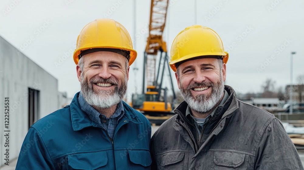 Happy construction workers smiling, site background, teamwork Happy construction workers smiling, site background, teamwork