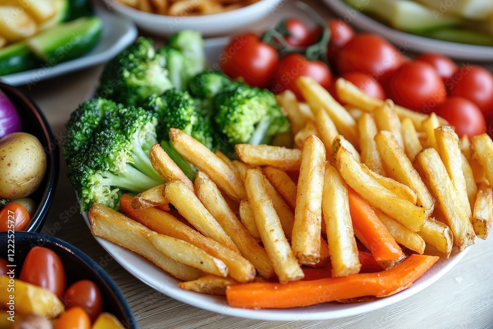 A bright vegetable platter side - by - side with greasy fries A bright vegetable platter side - by - side with greasy fries