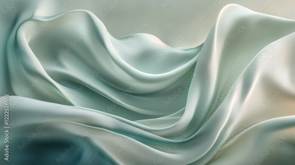 Fototapeta premium Abstract green silk wave texture vector background. Luxury satin curve cloth material design. Smooth drapery liquid velvet fabric. 3d music ceremony event silky curtain with shine light fold effect