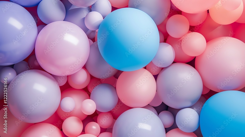A lot of pastel color balls of different sizes. The balls are very close to each other. The surface of the balls are shiny. A lot of pastel color balls of different sizes. The balls are very close to each other. The surface of the balls are shiny.
