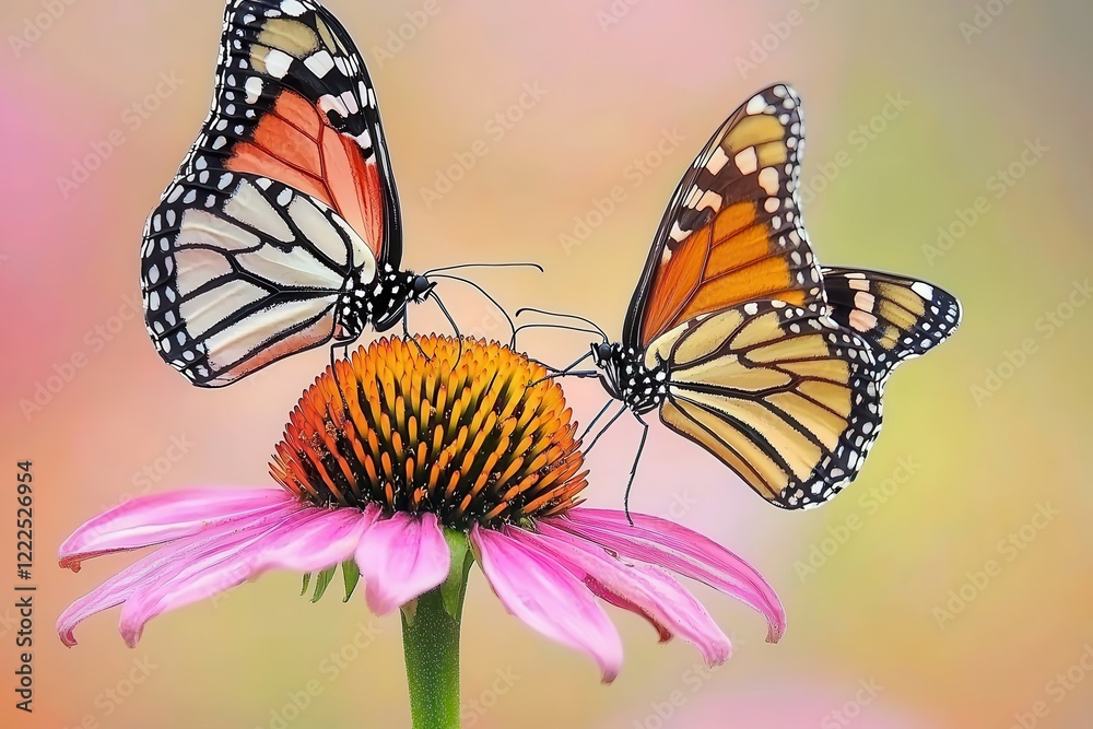 Fototapeta premium Butterfly Garden with Nectar-Rich Flowers: Bright flowers like milkweed and coneflowers attract butterflies, shown feeding and fluttering around the blooms