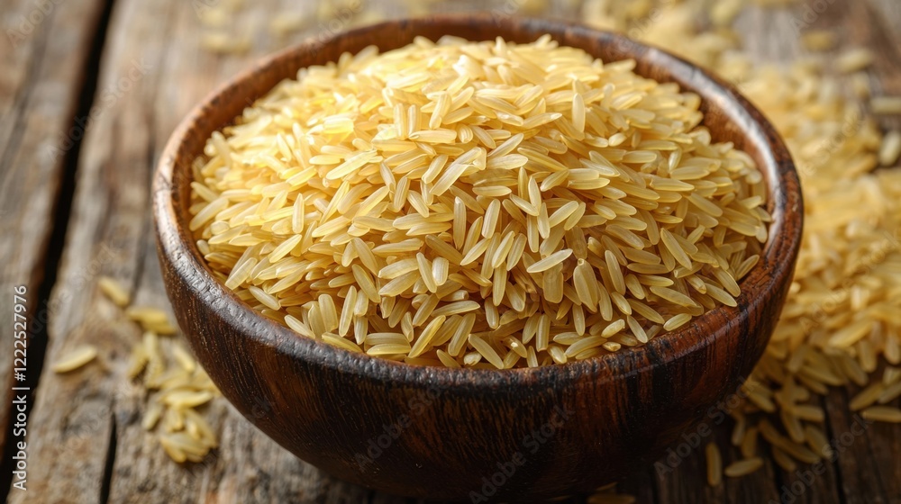 Golden Uncooked Rice Grain in Wooden Bowl on Rustic Wooden Surface