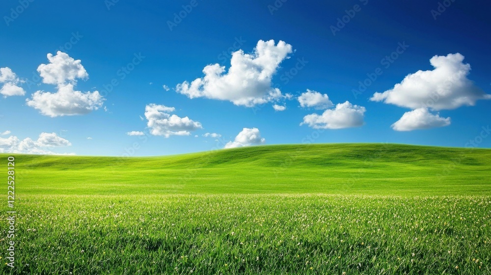 Obraz premium Lush Green Field Under Bright Blue Sky with Fluffy Clouds