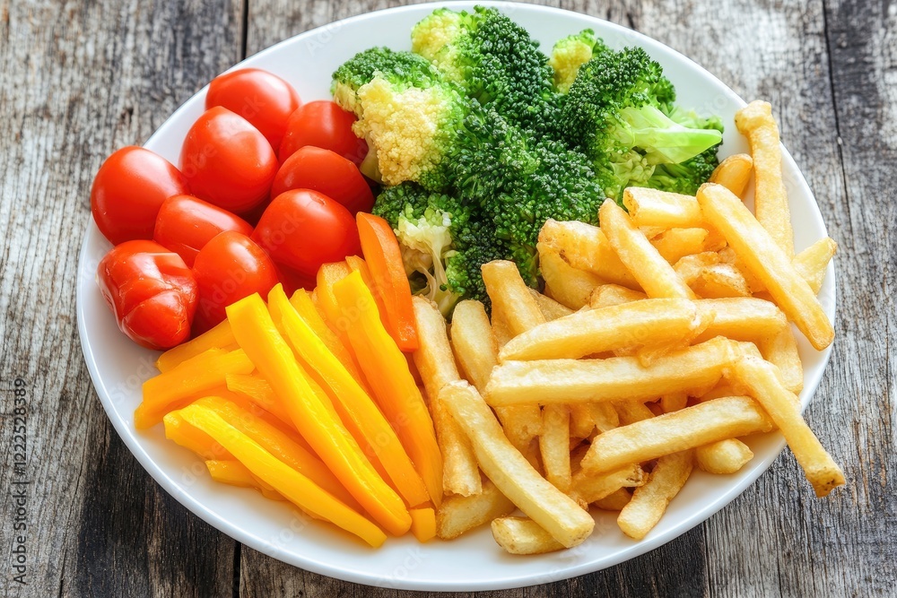 A bright vegetable platter side - by - side with greasy fries A bright vegetable platter side - by - side with greasy fries