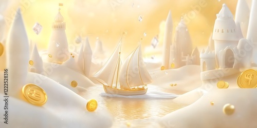 Golden Coins and Sailboat in a Creamy World