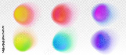 Set of soft blurry circle shaped gradients. Colorful fluid paint, spots, blobs, color gradations with soft noise, grainy texture. Abstract isolated creative design elements for posters, print, web etc