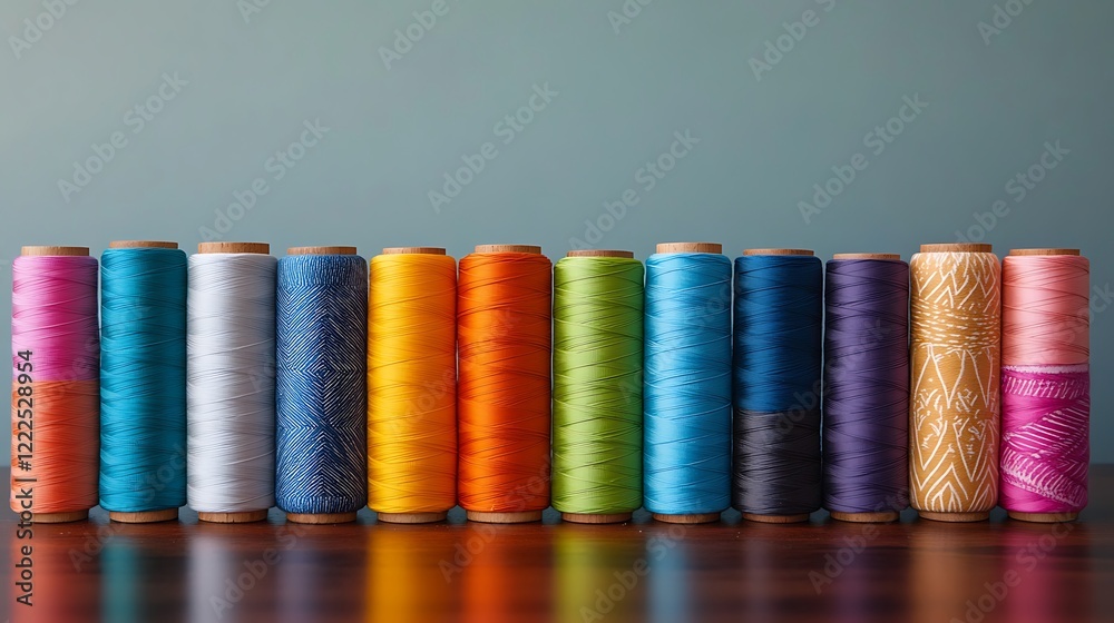 Multicolored spools of thread on the table in the sewing workshop Multicolored spools of thread on the table in the sewing workshop