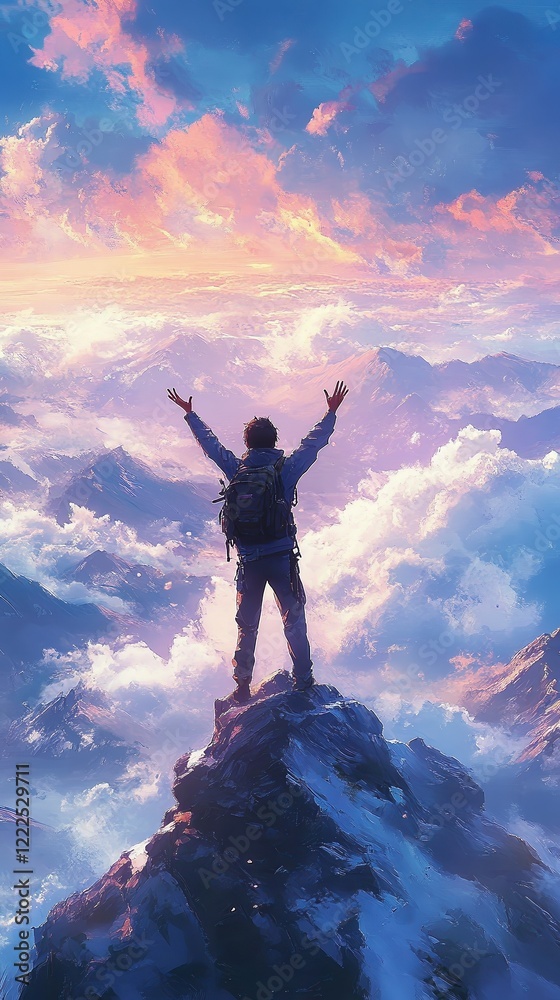 Man throwing hands up in triumph on mountain peak breathtaking view of distant valleys and clouds stretches before him sunlight and crisp air highlight his victorious smile. Man throwing hands up in triumph on mountain peak breathtaking view of distant valleys and clouds stretches before him sunlight and crisp air highlight his victorious smile.