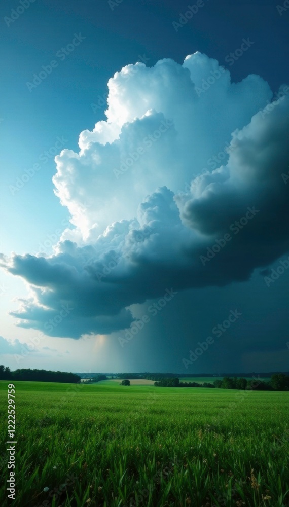Powerful thunderstorm clouds roll in over a field with heavy rainfall, stormy sky, agricultural land Powerful thunderstorm clouds roll in over a field with heavy rainfall, stormy sky, agricultural land
