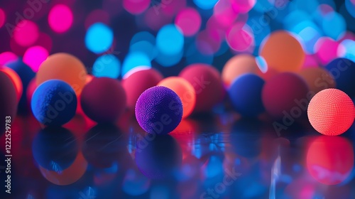 3D rendering of a colorful array of balls with a focus on a purple ball in the foreground. photo