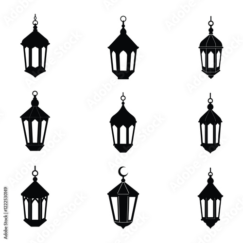 Islamic lanterns set. Ramadan lantern icon vector, Arabic antique hanging oil Lamp lights isolated vector.