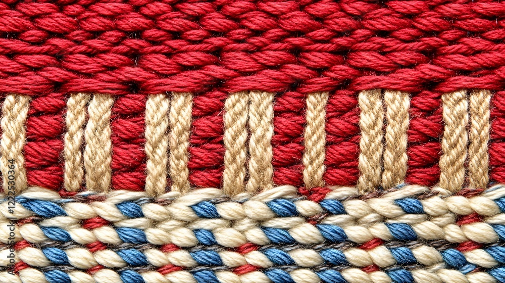 Intricate Woven Texture, Red, Beige, Blue Yarn Pattern Intricate Woven Texture, Red, Beige, Blue Yarn Pattern