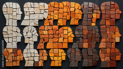 Mosaic artwork featuring abstract human faces in various colors and textures, showcasing creativity and artistic expression. piece combines earthy tones and geometric shapes photo