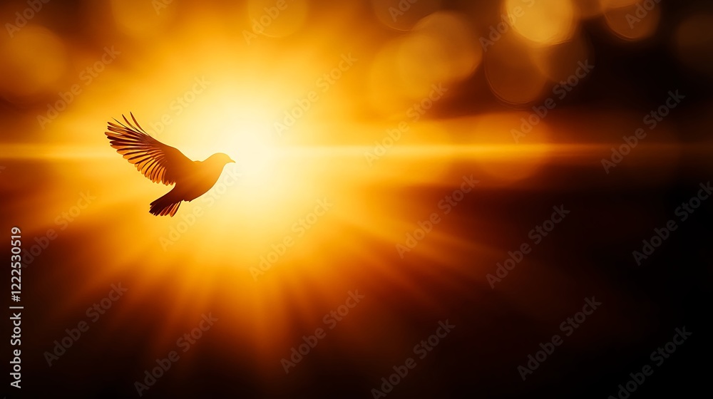 Obraz premium Silhouette of a Bird Flying Against a Vibrant Golden Sunset