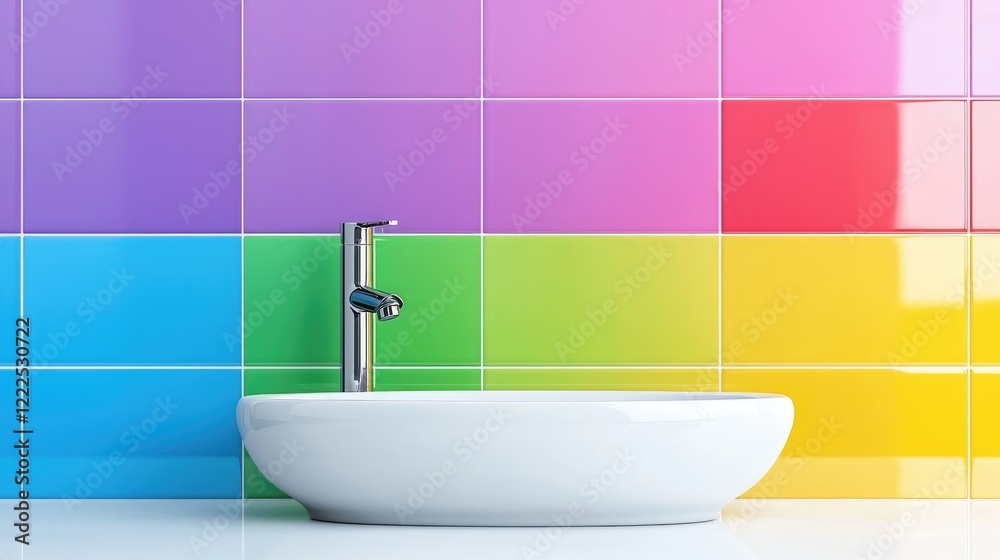 Colorful bathroom sink and faucet. Modern design, bright tiles. Home decor