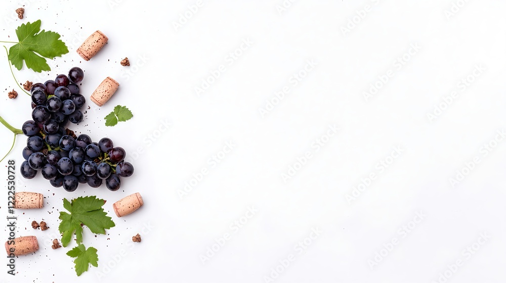 Fototapeta premium Fresh Black Grapes with Corks and Leaves on White Background