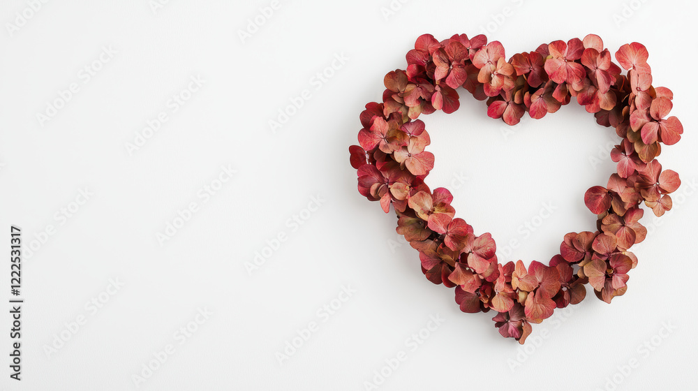 Heart-Shaped Arrangement of Red and Pink Hydrangea Flowers on White Background Heart-Shaped Arrangement of Red and Pink Hydrangea Flowers on White Background