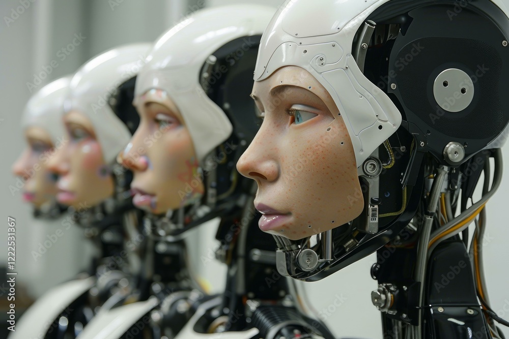 Four female androids standing in a row, demonstrating advanced robotics and ai Four female androids standing in a row, demonstrating advanced robotics and ai
