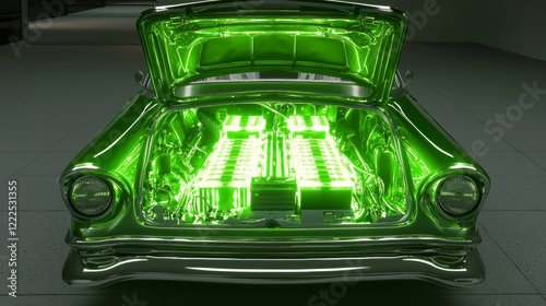 Retro 1950s Car Trunk with Glowing Neon Green Advanced Battery Cells - Cinematic Ultra-Detailed Image photo