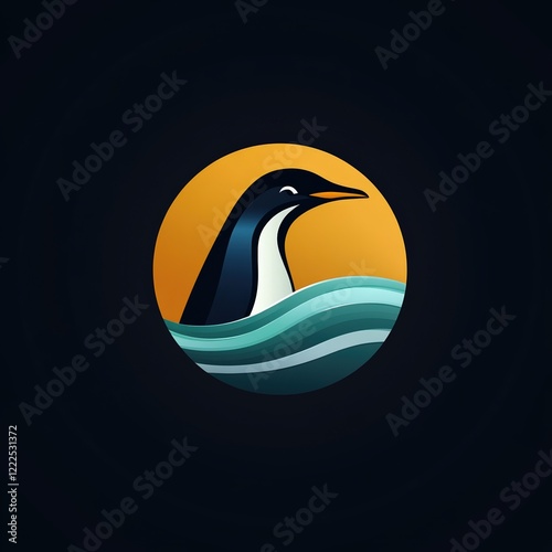 A sleek logo featuring a penguin head profile within a circular design, with a golden background and stylized blue waves at the base photo