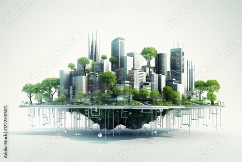 Green eco smart city illustration, futuristic town in blue, white and green colors. Ecological megapolis with smart technologies