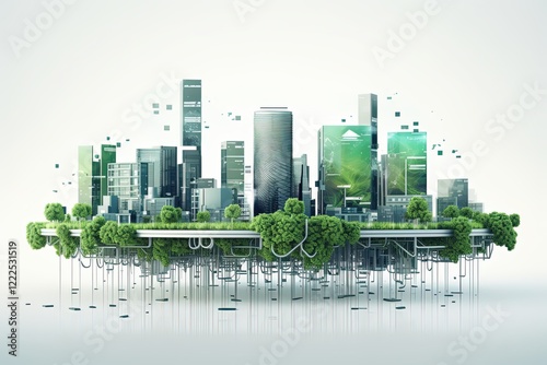 Green eco smart city illustration, futuristic town in blue, white and green colors. Ecological megapolis with smart technologies