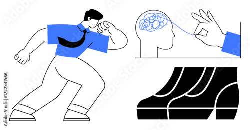 Person in blue shirt and tie running, brain with tangled lines, hand pulling thread, three footprints. Ideal for mental health, problem-solving, motivation, progress, complexity decision making